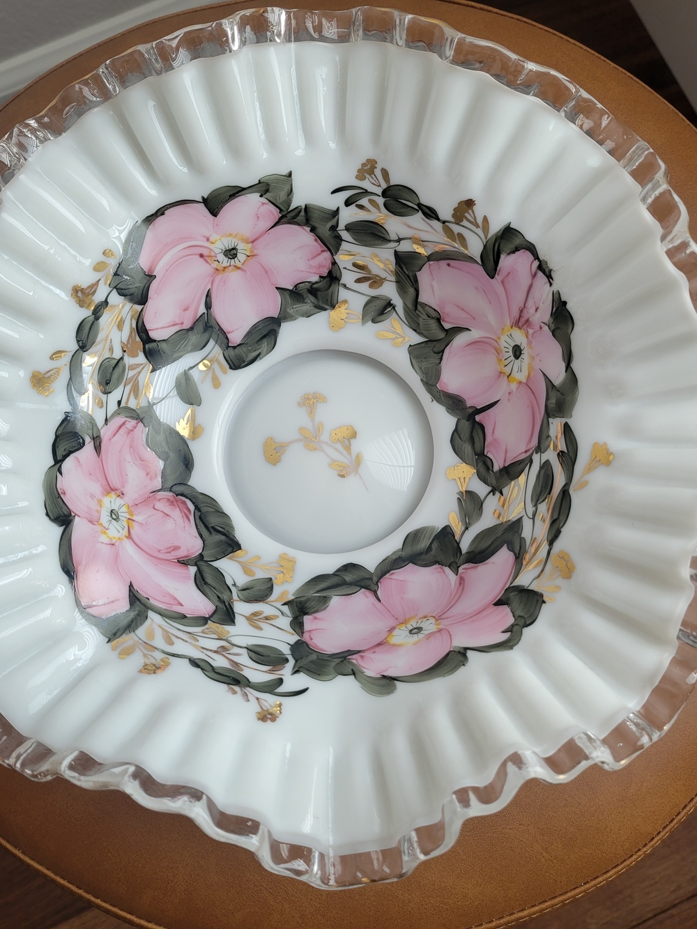 Vintage Fenton Charleston Hand Decorated Milk Glass Ruffled Bowl - Pink Roses
